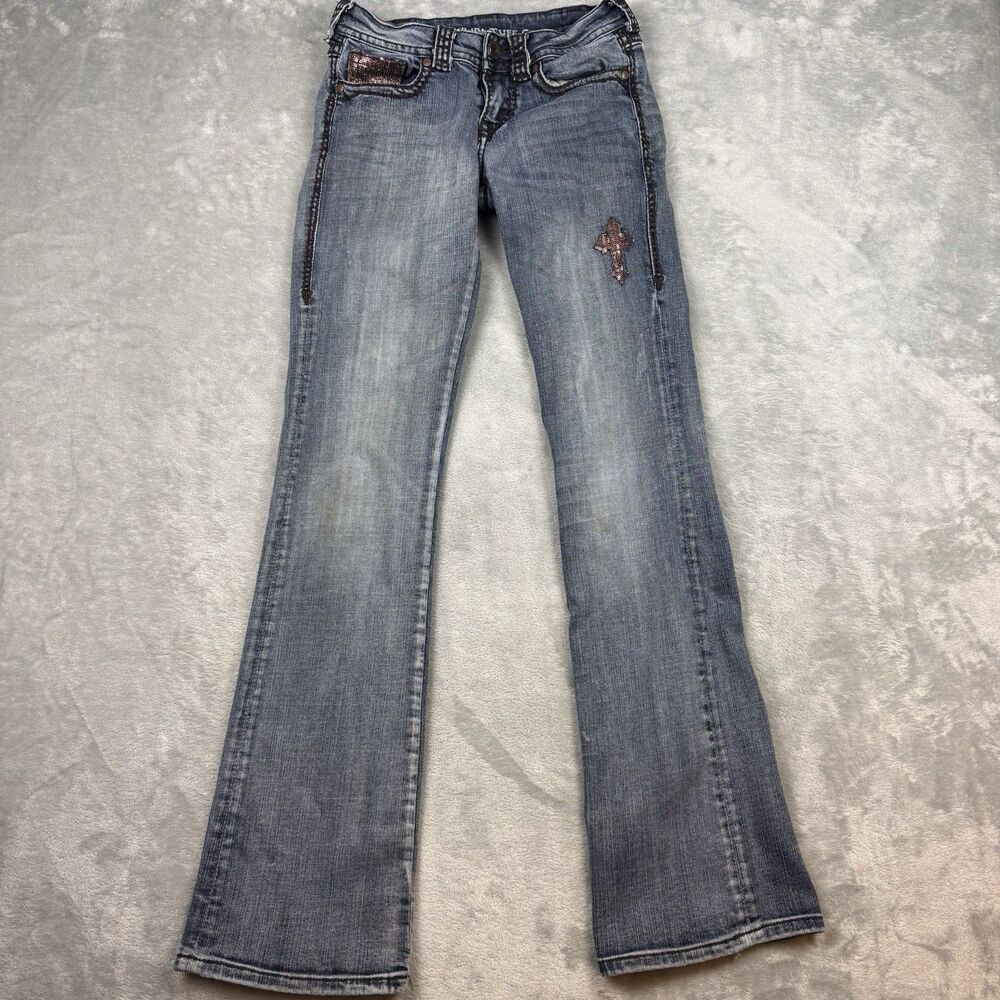 Cowgirl Tuff Co. Women’s Y2K Low Rise Flare Jeans Sequin Cross W25 L35